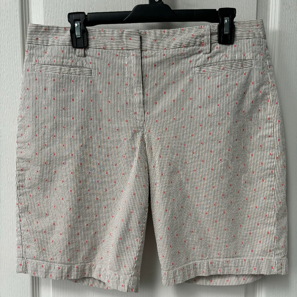 Lands' End Fit 2 Shorts Womens Size 10 Seersucker Striped Polka Tan Pink Bermuda